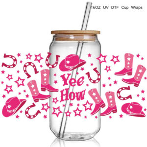 Yee How Western Design 3D UV DTF Cup Wraps stickers Custom Wraps for 16oz Glass Can Cold Cups Tumbler