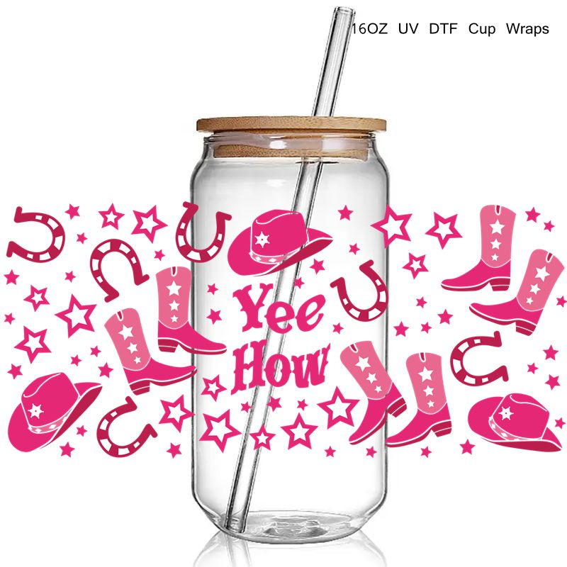 Yee How Western Design 3D UV DTF Cup Wraps stickers Custom Wraps for 16oz Glass Can Cold Cups Tumbler