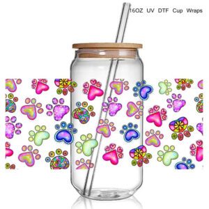 colorful dog mom paw print 3D UV DTF Cup Wraps stickers Custom Wraps for 16oz Glass Can Cold Cups Tumbler