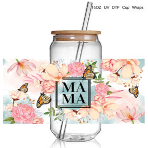 Flower MaMA Uv Dtf Cup Wraps Transfer Sticker Diy Waterproof For 16 Oz Glass Cups