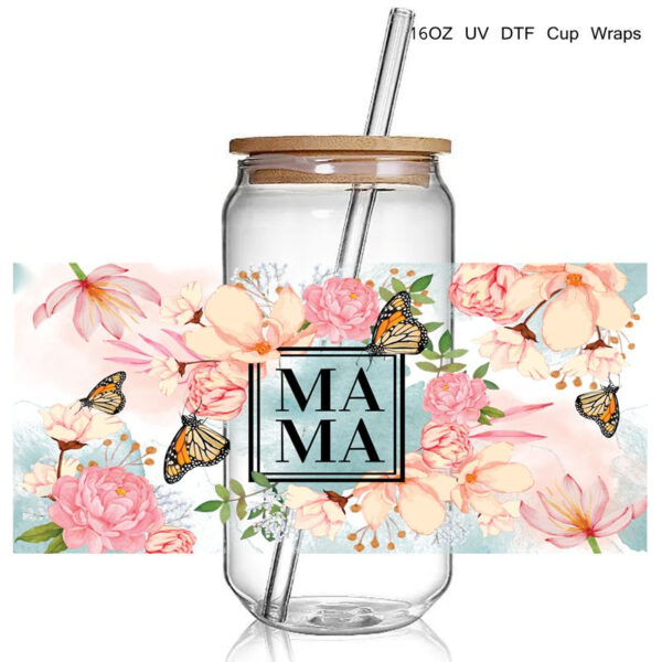 Flower MaMA Uv Dtf Cup Wraps Transfer Sticker Diy Waterproof For 16 Oz Glass Cups