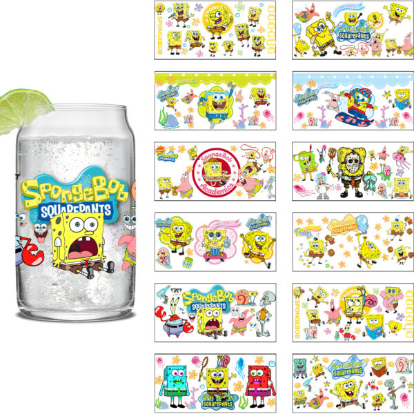 SpongeBob Easy peel waterproof DIY Decals 3D transfers crystal stickers 16oz uv dtf tumbler cup wraps