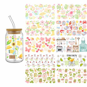 3D Cartoon Matcha Food Books Design UV DTF Cups Wrap Sticker DIY Label Transfer Sticker Waterproof Green Drink Dessert Patter Decals