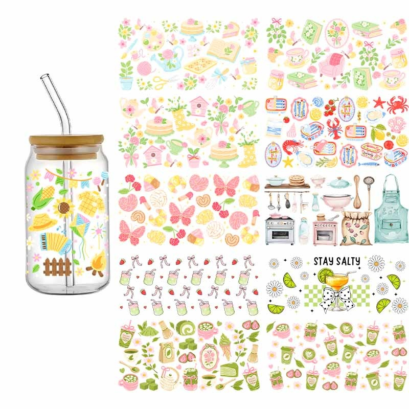 3D Cartoon Matcha Food Books Design UV DTF Cups Wrap Sticker DIY Label Transfer Sticker Waterproof Green Drink Dessert Patter Decals