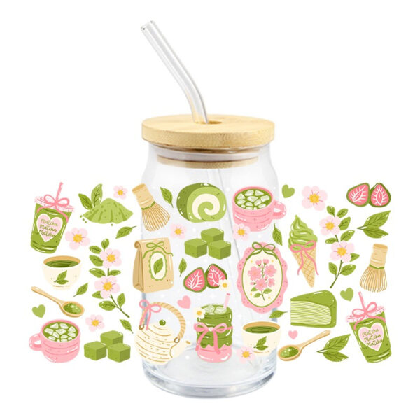 3D Cartoon Matcha Food Books Design UV DTF Cups Wrap Sticker DIY Label Transfer Sticker Waterproof Green Drink Dessert Patter Decals - Image 7