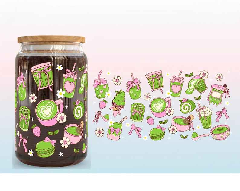 3D Cartoon Matcha Food Books Design UV DTF Cups Wrap Sticker DIY Label Transfer Sticker Waterproof Green Drink Dessert Patter Decals - Image 14