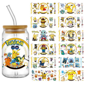Cute Cartoon mixed Pokemon UV DTF Transfer Glass Sticker Waterproof Transfers Decals For 16oz Glass Cup Wrap Stickers